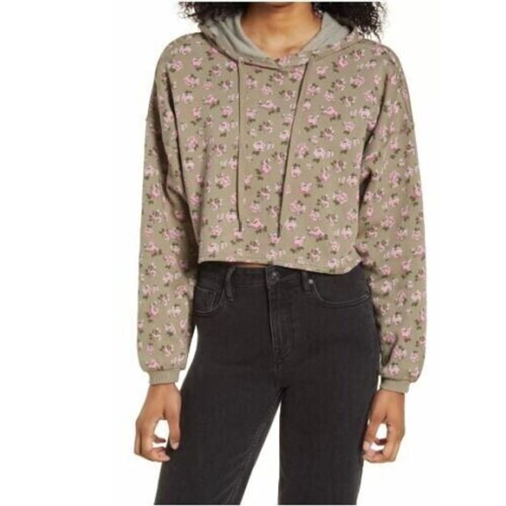 Row A‎ Women's Long Sleeve Crop Hoodie In Olive Green Rose Xlarge MSRP $35